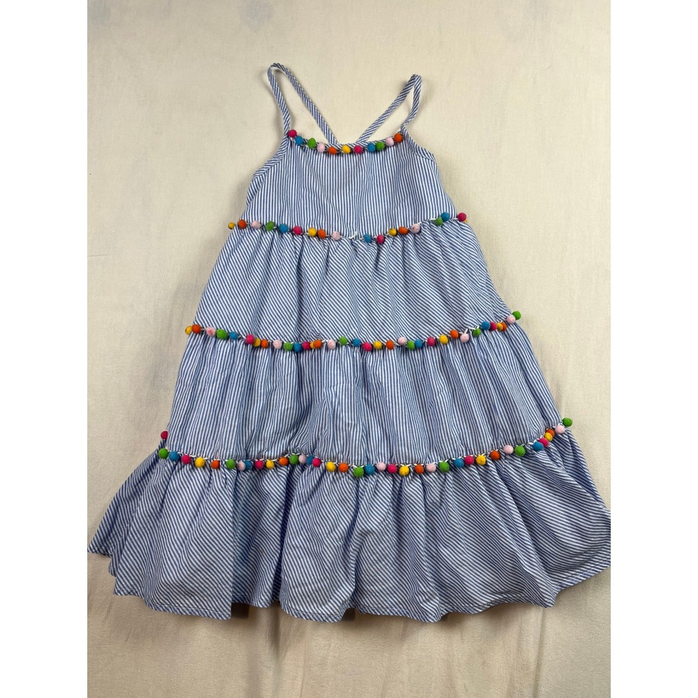 Maggie & Zoe Girls Blue White Striped Tiered Pom Pom Sundress Size 7 Smocked